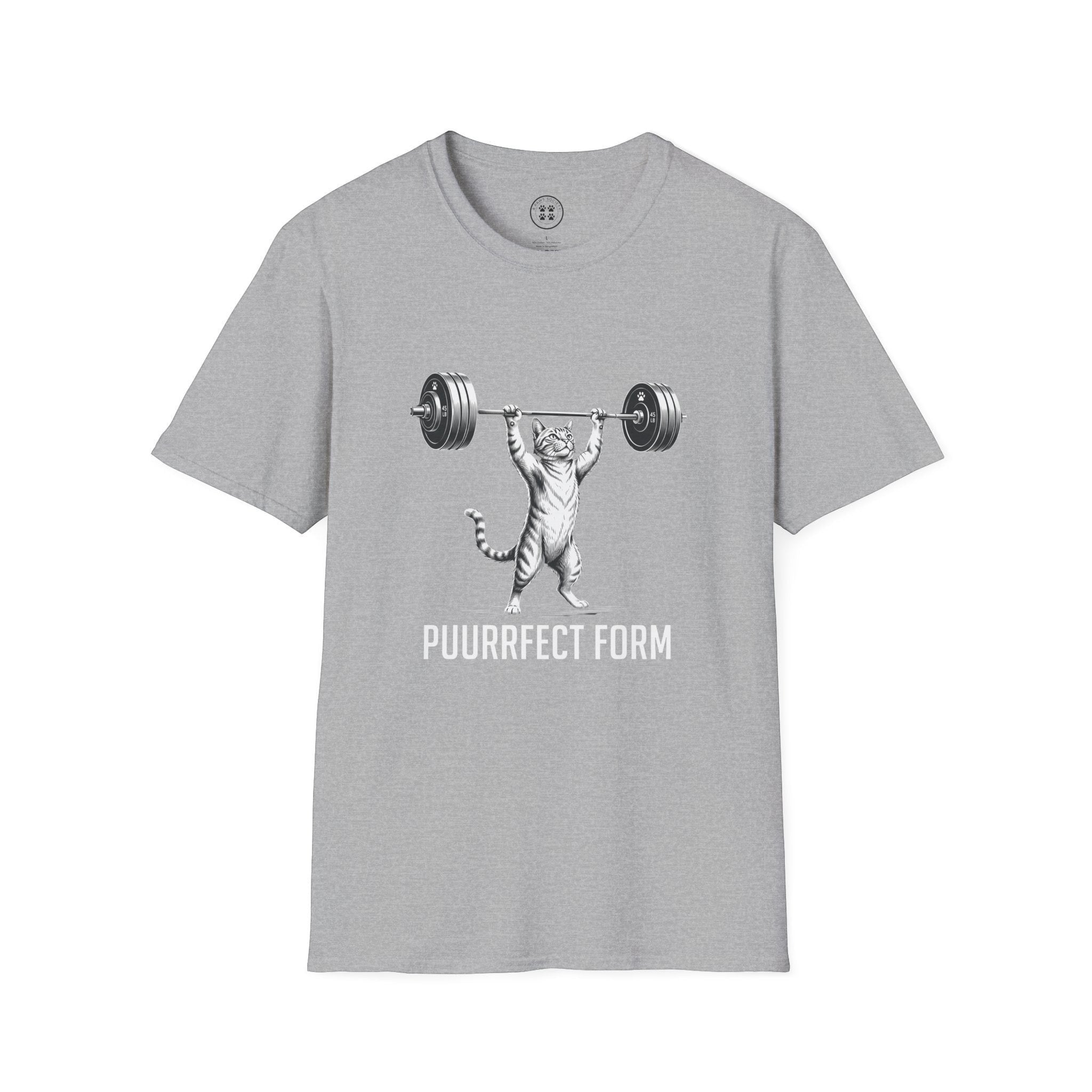4 Paws Society grey 100% cotton t-shirt with a graphic of a cat lifting a barbell and the text "PUURRFECT FORM".