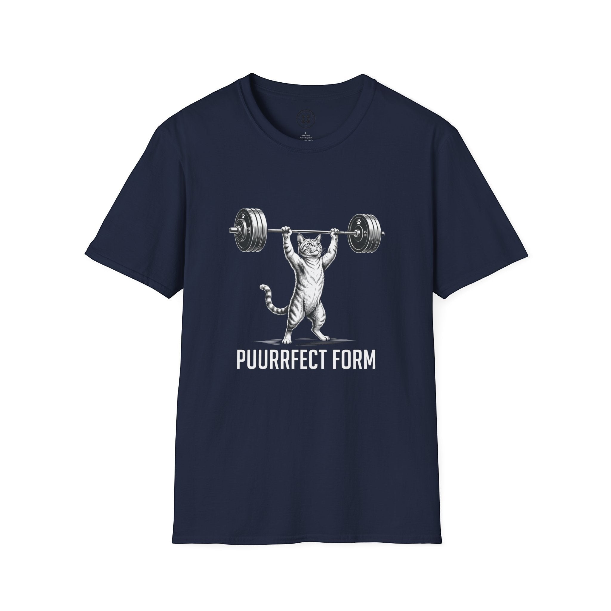 4 Paws Society navy blue 100% cotton t-shirt with a graphic of a cat lifting a barbell, text reads "PUURRFECT FORM".
