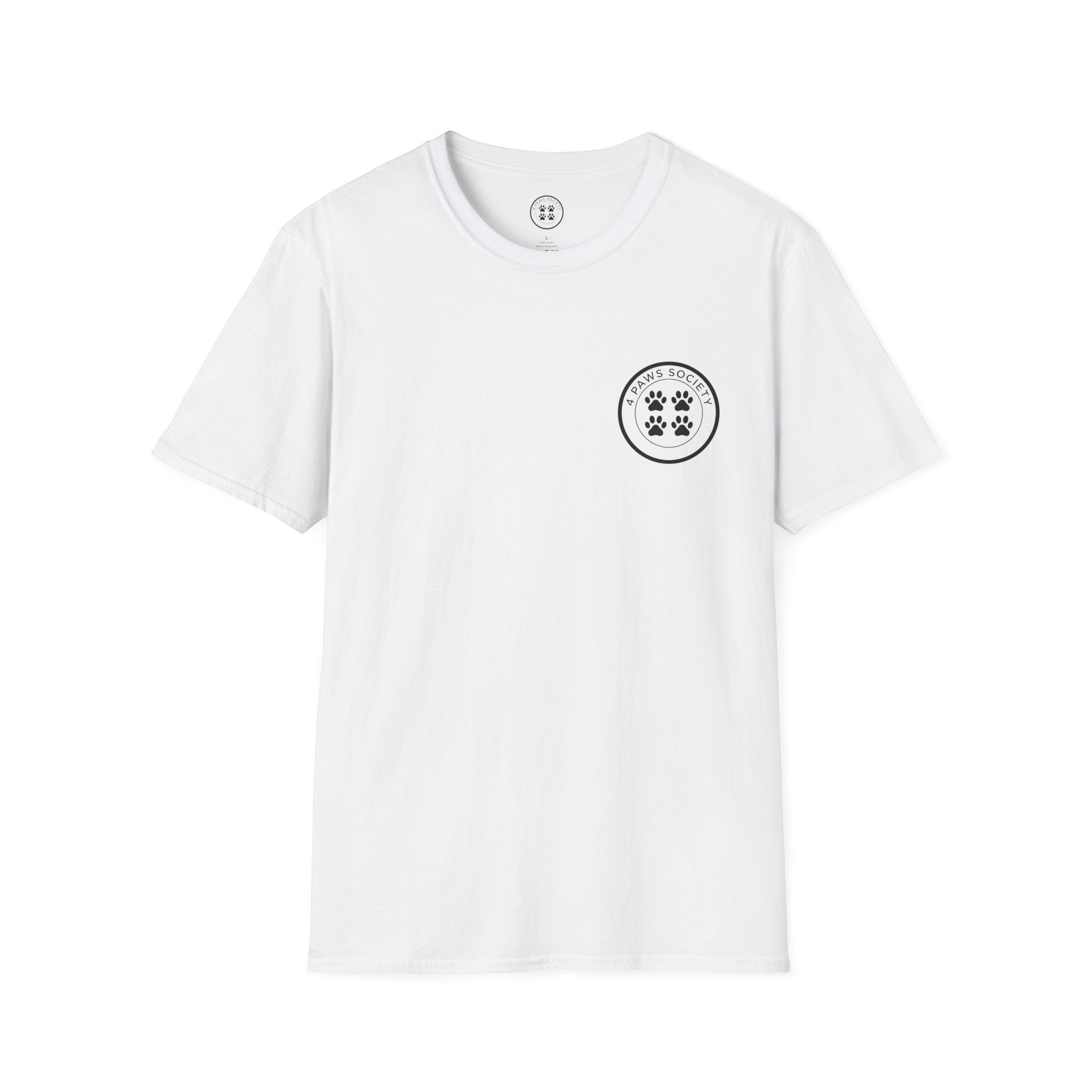 4 Paws Society white 100% ring-spun cotton t-shirt with a small black circular logo featuring paw prints.