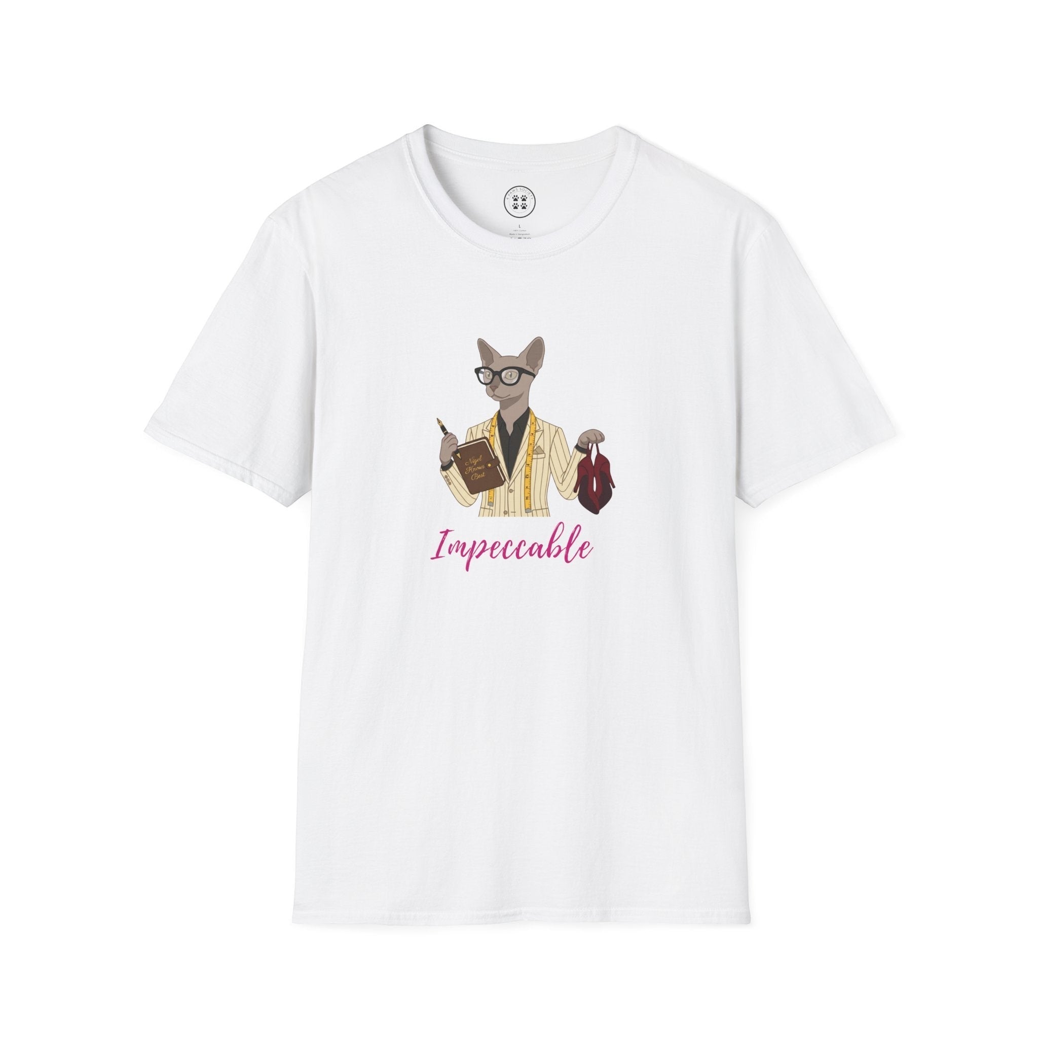 4 Paws Society white 100% cotton unisex graphic tee with a cartoon cat wearing glasses and a suit, holding a pen and a red bag. Text reads "Impeccable".
