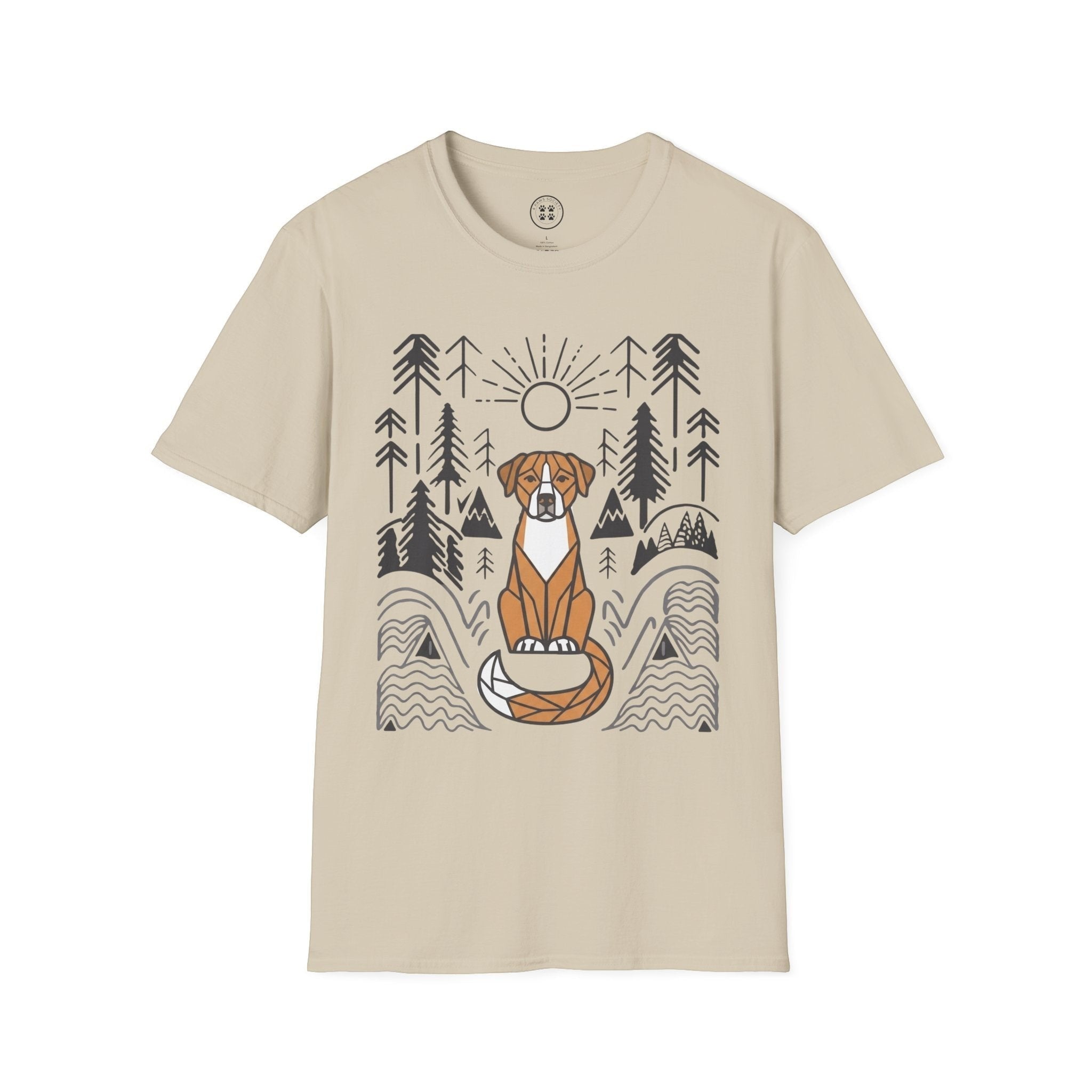 4 Paws Society tan 100% cotton unisex t-shirt with a graphic of a dog sitting on its tail in a forest landscape with a sun.