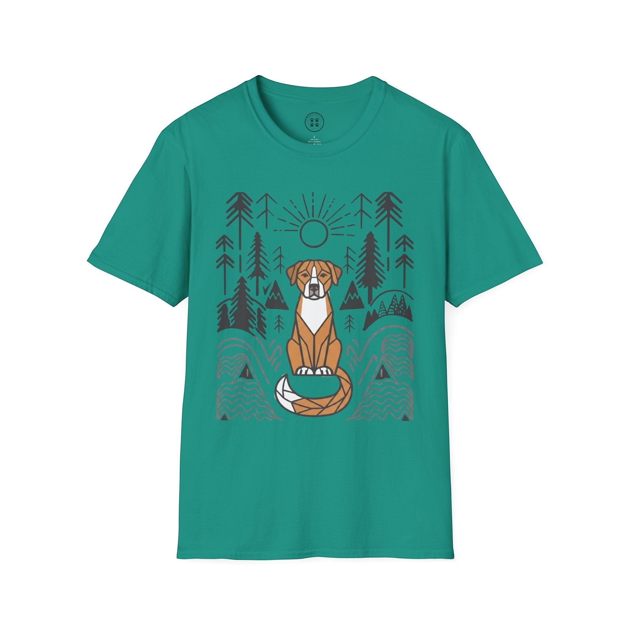 4 Paws Society teal 100% cotton t-shirt with a graphic of a dog sitting on its tail in a forest landscape with a sunset.