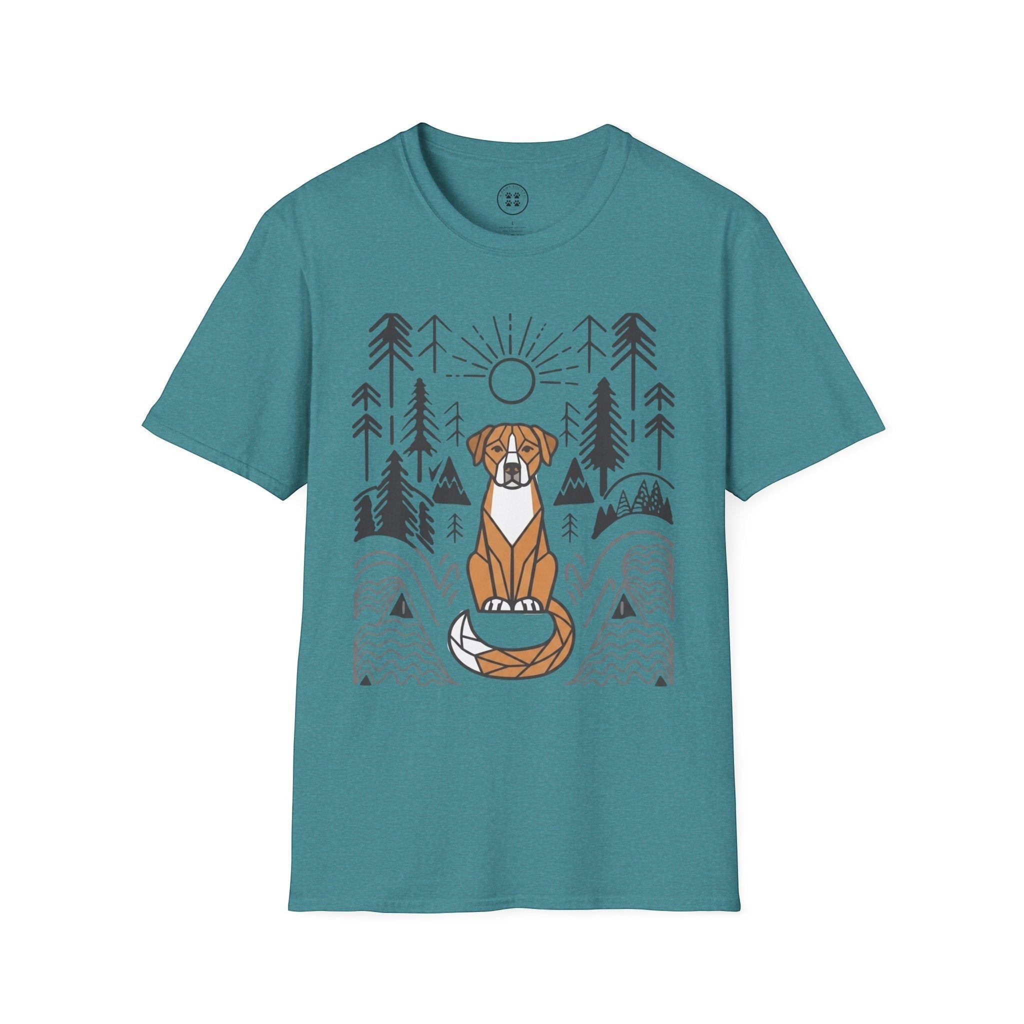 4 Paws Society teal 100% cotton t-shirt with a graphic of a dog sitting in a forest with a sunset.