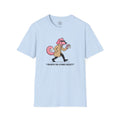 4 Paws Society light blue 100% cotton t-shirt with a graphic of a pink dog wearing sunglasses and a trench coat, holding a membership card.